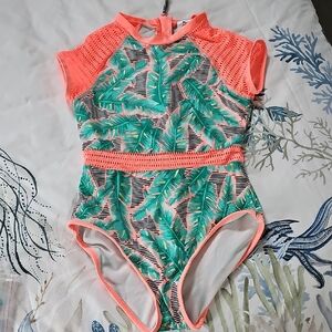 Girls Bathing Suit, Coral Palm One Piece, Size XL 14/16